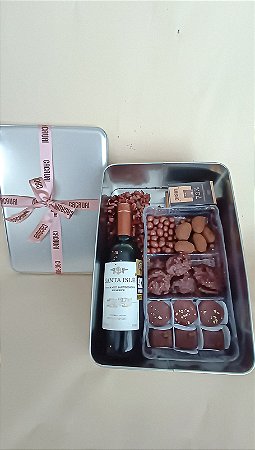 Combo caixa presente chocolate e vinho ou cerveja