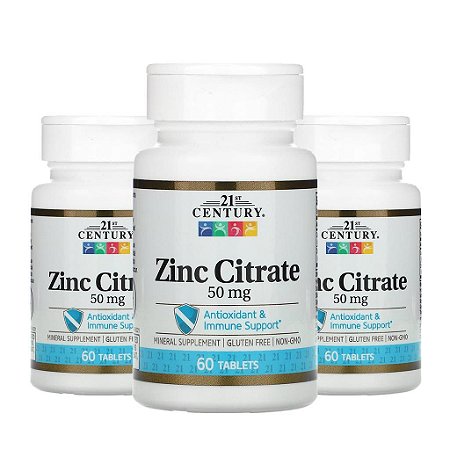 Kit 3x Citrato de Zinco, 50 mg, 21st Century, 60 , Importado