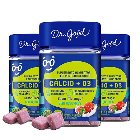 Kit 3x Suplemento Alimentar Cálcio + Vitamina D3 30 Morango