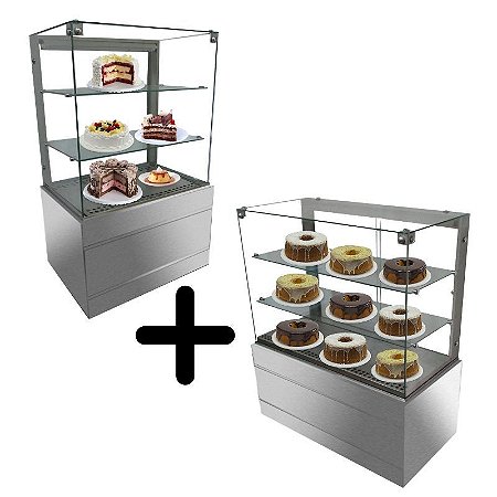 Montagem com Vitrine refrigerada 0,70 metros com vidro aquecido e Vitrine seca 1,00 metro