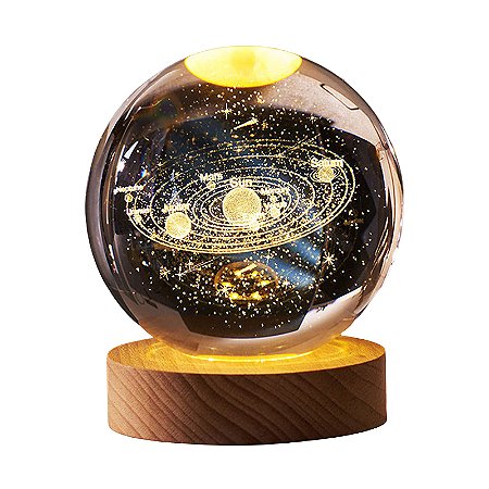 Bola de Cristal Luminária LED Noturna Luminosa, Sistema Solar, Saturno, Lua