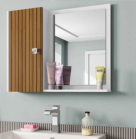 Armário De Banheiro Com Espelho Porta Cor Branco Madeira