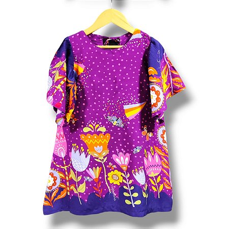Vestido de Viscose Estampa Digital Manga Borboleta Jardim Noturno
