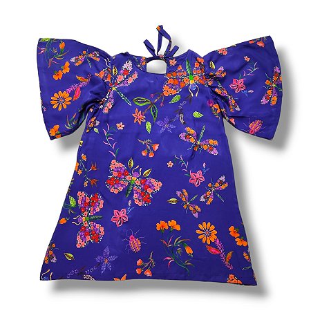 Vestido Viscose Estampa Digital  Manga Borboleta Flores Delicadas