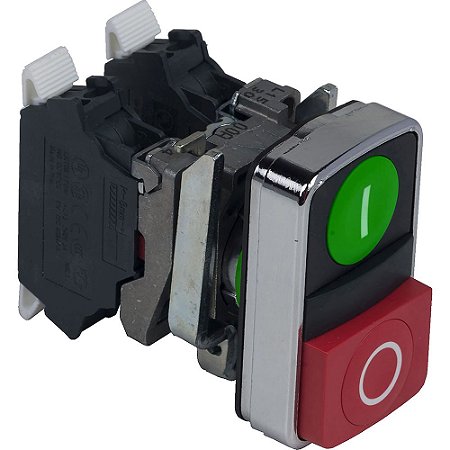 BOTÃO DUPLO Ø22MM METÁLICO, RETORNO POR MOLA, VERDE+VERMELHO, NA+NF XB4BL73415