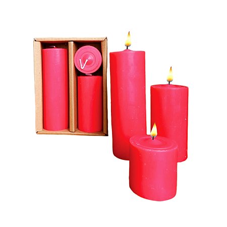 Trio de Velas Cilíndricas Vermelha  5cm, 10cm E 15cm Decoração Festas
