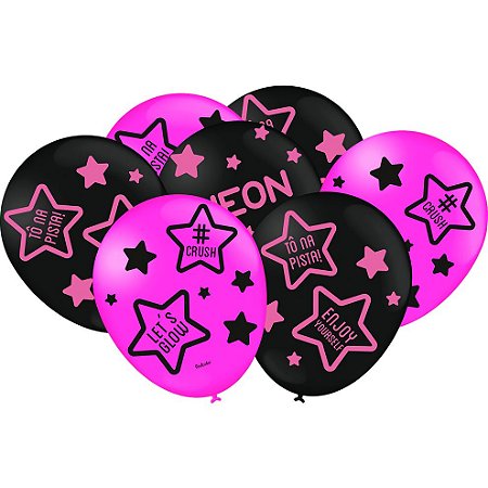 Balão Latex  9" Preto com Impressão Rosa Neon - Brilha na Luz Negra