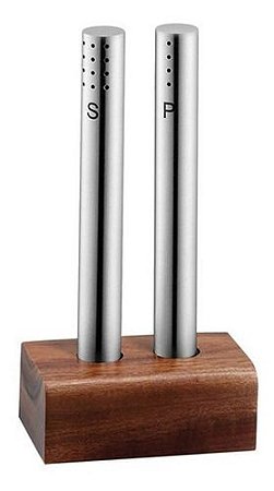 Saleiro E Pimenteiro Cozinha De Inox Com Base De Madeira