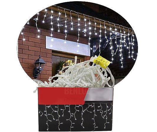 Cascata Fixa 400 LEDs Fio Branco Branca Frio 220V C/10 Metros Com Tomada Macho e Fêmea