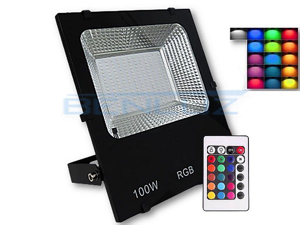 Refletor De LED 100W RGB c/ Controle Remoto Bivolt Com Memória de Cor