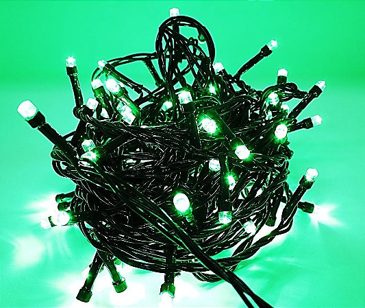 CORDÃO FIXO VERDE 100 LEDs FIO VERDE 9,2 METROS 220V- Tomada Macho e Fêmea - Uso interno