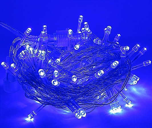 Cordão Fixo 100 LEDs Fio Transparente 9,2 Metros Azul 220V