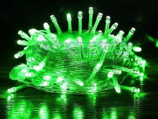 Cordão Fixo 100 LEDs Fio Verde 9,5 Metros Verde 110V Tomada Macho e Femea - Uso interno