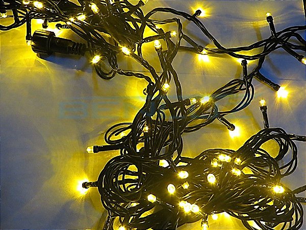 KIT COM 4 Cordão Fixo 100 LEDs fio verde 9,5 Metros amarelo 220V a prova d'agua - Uso externo