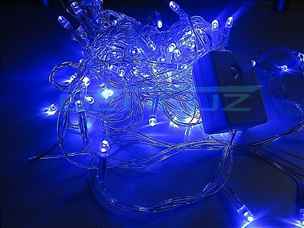 Cordão sequencial 100 LEDs Fio Transparente 9,2 Metros Azul 220V - Uso interno
