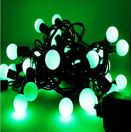 Cordão De Bolinha Fio Preto Fixo Com 40 LEDS Verde 220v