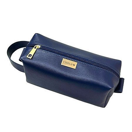 Necessaire Manu G alça lateral azul marinho personalizada ferragens douradas