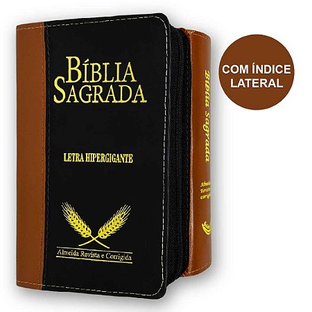 Bíblia Sagrada Hipergigante Preta com Marrom Zíper Índice