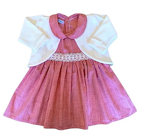 Vestido de Bebê com Bolero com detalhe em Pérola 100% Algodão - Carol