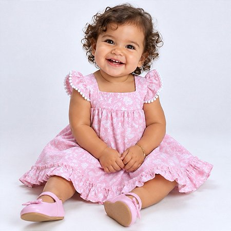 Vestido de Bebê Infantil com Pom Pom 100% Algodão 2 Meses a 6 Anos Maria