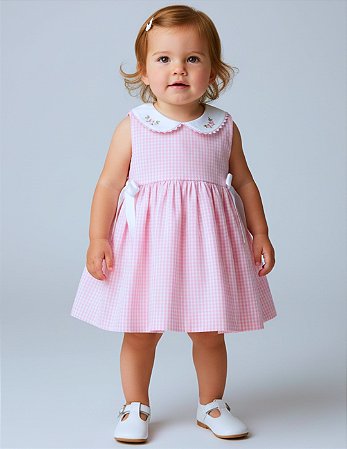 Vestido de Bebê 100% Algodão Xadrez Rosa - Clara