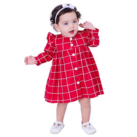 Vestido de Bebê Xadrez Vermelho Manga Longa 100% Algodão - Maria Flor