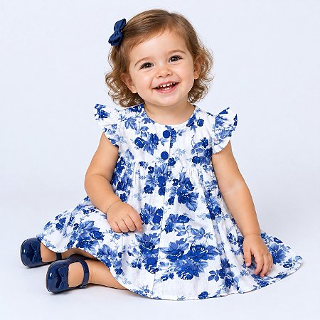 Vestido de Bebê Floral Azul Luxo Festa 100% Algodão 2 Meses a 6 Anos Rafaela