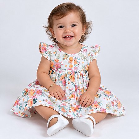 Vestido de Bebê Infantil Toque Macio estiloso Floral Laranja 100% Algodão 2 Meses até 6 Anos Juliana