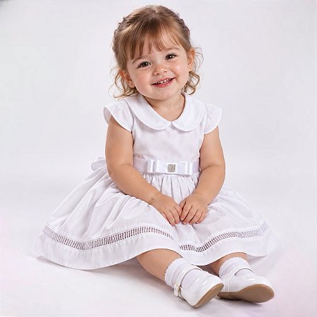 Vestido de Bebê Menina Branco Roupa Menina Infantil 100% Algodão 2 Meses a 6 Anos Batizado