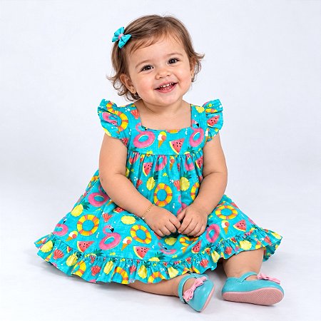 Vestido Bebê 100% Algodão Estampado Flamingo 2 Meses a 6 Anos Ariel
