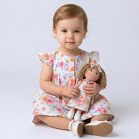 Vestido Bebe Infantil Menina 100% Algodão com Boneca de pano combinando 2 Meses até 6 Anos Juliana