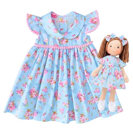 Kit Vestido Bebê e Infantil Menina Estampado Luxo com Boneca de pano Presente 100% Algodão 2 Meses a 6 Anos Maya