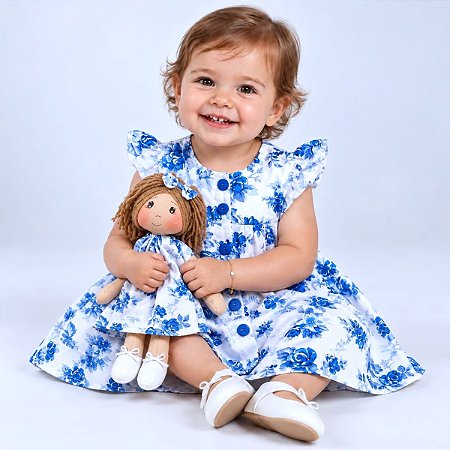 Kit Vestido Bebê Infantil Menina com Boneca de pano 100% Algodão - Rafaela