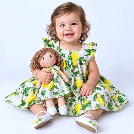 Kit Vestido com Boneca de Pano 100% Algodão Estampa Limão Siciliano