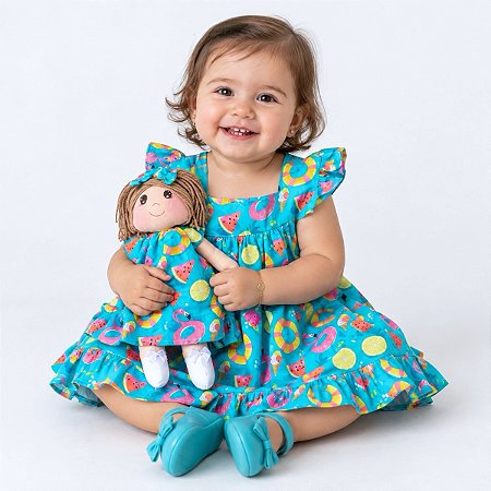 Kit Vestido com Boneca de Pano 100% Algodão Estampa Flamingo - Ariel