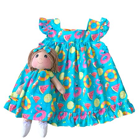 Kit Vestido com Boneca de Pano 100% Algodão Estampa Flamingo - Ariel