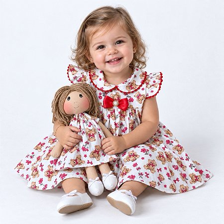 Kit Vestido com Boneca de Pano 100% Algodão Estampado 2 Meses até 4 Anos Laura