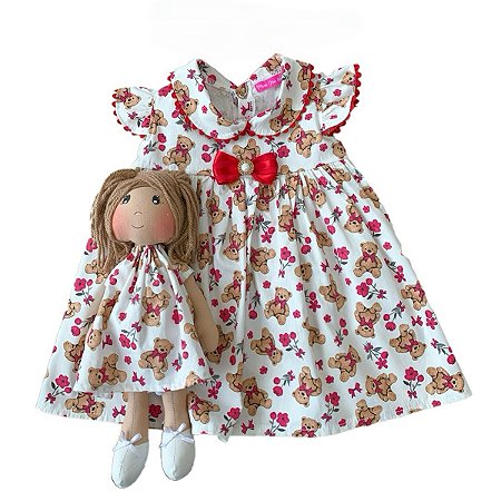 Kit Vestido com Boneca de Pano 100% Algodão Estampa Laura