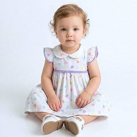 Vestido de Bebê e Infantil Estampa Coração 100% Algodão 2 Meses a 6 Anos Rebeca