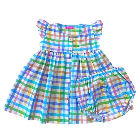 Vestido Bebê Xadrez Colorido com Calcinha 100% Algodão - STELA