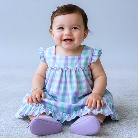 Vestido Bebê Menina Xadrez Lilás e Verde com Calcinha 100% Algodão - ISABELA