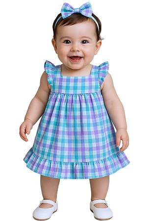 Vestido Bebê Menina Xadrez Lilás e Verde com Calcinha 100% Algodão - ISABELA