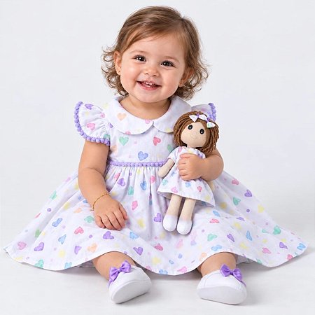Kit Vestido com Boneca de pano 100% Algodão Rebeca 2 Meses a 4 Anos