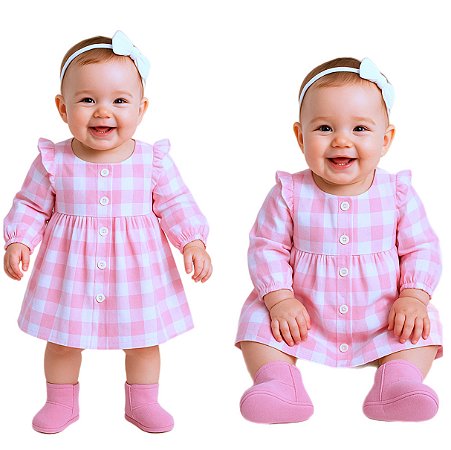 Vestido de Bebê Manga Longa Xadrez Rosa 100% Algodão - Clarisse