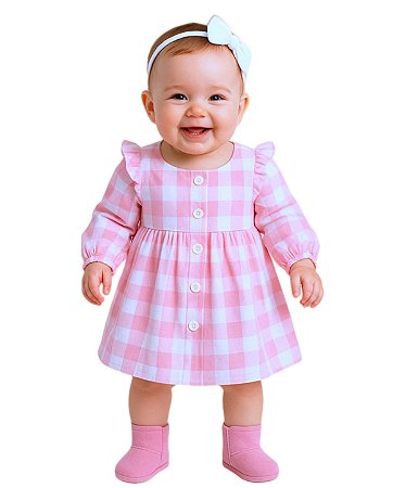 Vestido de Bebê Manga Longa Xadrez Rosa 100% Algodão - Clarisse
