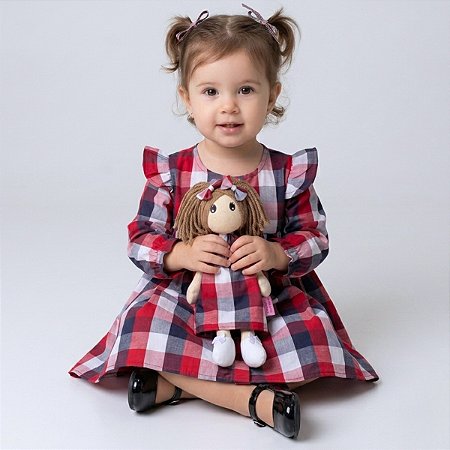 Vestido Bebê e Infantil Xadrez Manga Longa com Boneca de Pano 2 Meses a 6 Anos CECILIA