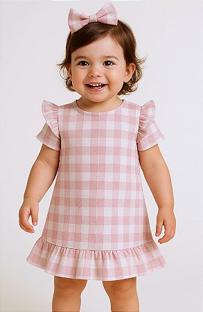 Vestido de Bebê e Infantil Xadrez Rose 100% Algodão