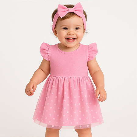 Vestido Bebê Infantil Manga Curta 100% Algodão com Tule e Tiara - Lara