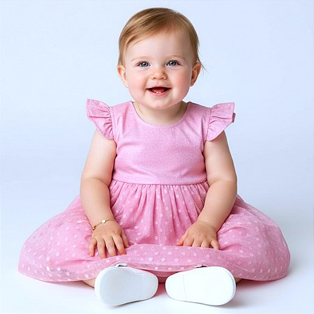 Vestido Bebê Infantil Manga Curta 100% Algodão com Tule - Lara