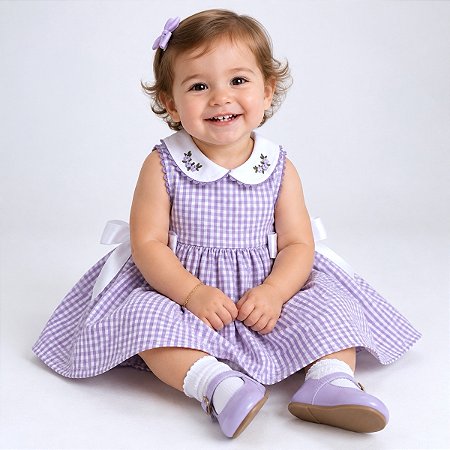 Vestido Bebê Infantil Menina Xadrez Lilás 100% Algodão Mundo Nina 2 Meses até 8 Anos Barbara